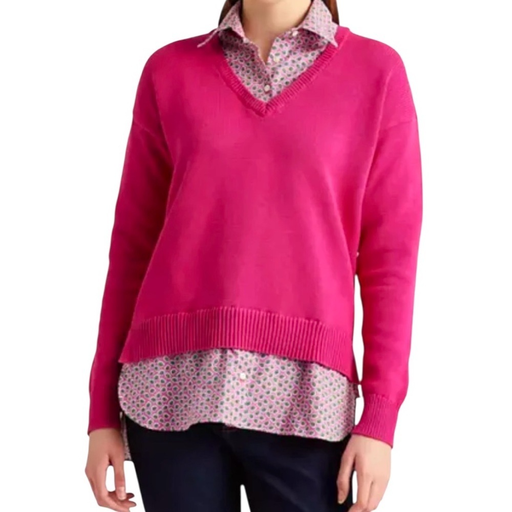 Lauren Ralph Lauren V-neck cotton sweater Layered look paisley faux shirt Size L